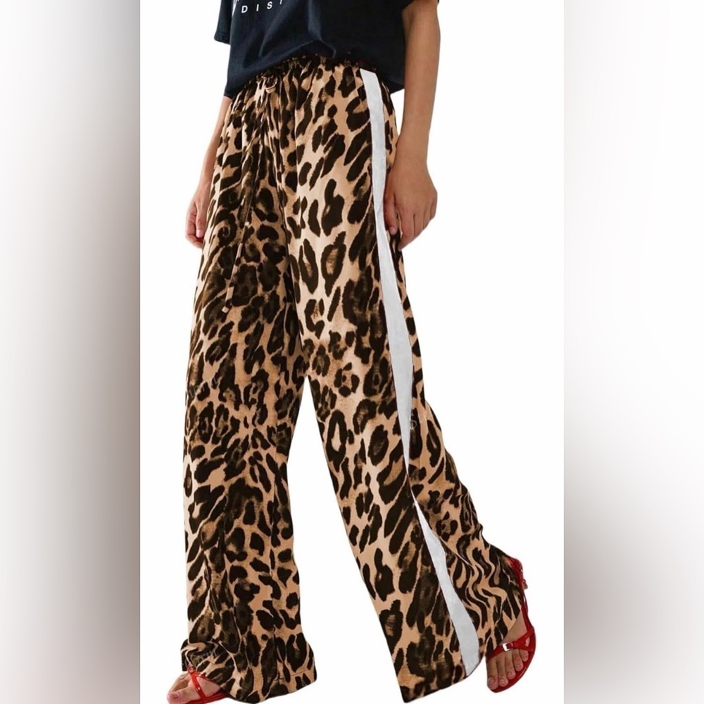 🆕Drawstring Leopard Print Color Block Side Striped Straight Leg Wide